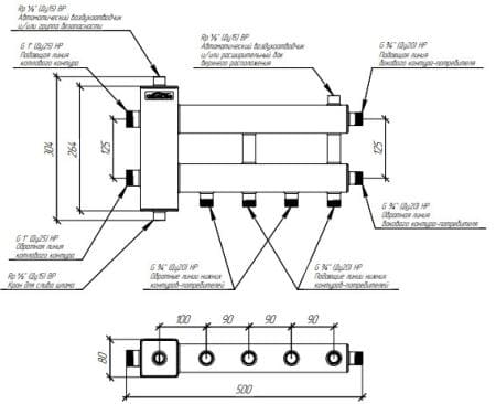 коллекторы с гидрострелкой gidruss, балансировочные коллекторы гидрусс, гребенки отопления gidruss BMK-60