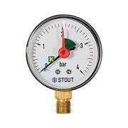SIM-1008-630408 Stout Манометр радиальный 1/4", 4 бара, 63 мм с указателем предела